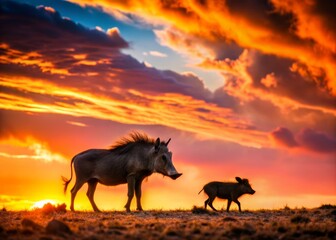 Namibian Warthog Silhouette Photography: Mother & Cub at Sunset