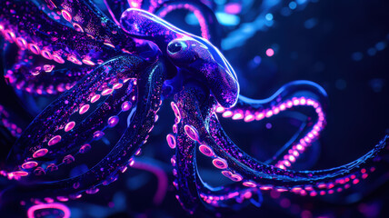 Obraz premium A massive, bio-luminescent squid glides gracefully through the dark ocean depths, its glowing tentacles illuminating the surrounding water in a mesmerizing display of light. 