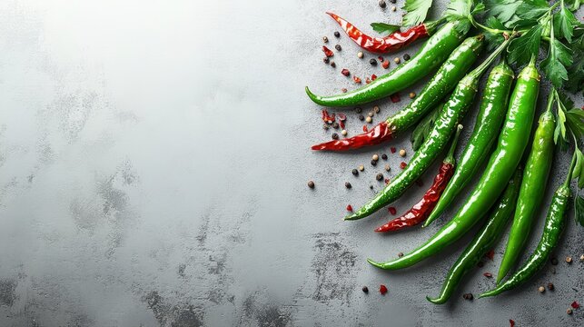 Fresh green chili peppers with red chili peppers and peppercorns on a gray background.