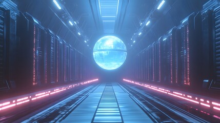 Futuristic Corridor Leading to a Glowing Orb