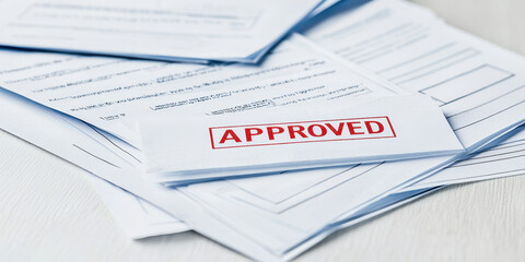 Approved mortgage documents on desk with Mortgage approval process documents concept
