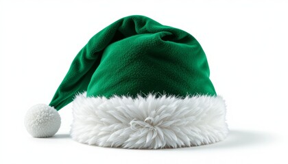 Santa Claus hat isolated on white background with dark green and white fluffy fur details