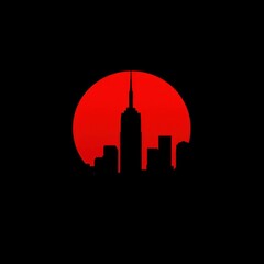 Obraz premium A city skyline stands tall against a glowing red sky with the sun setting in the distance. skyline silhouette. cityscape illustration architecture city 