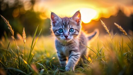 Obraz premium Playful Kitten Silhouette: Blue-Eyed Tabby in Tall Grass