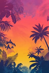 Fototapeta premium A colorful background with palm trees and a yellow line. The palm trees are in the foreground and the background is a mix of colors