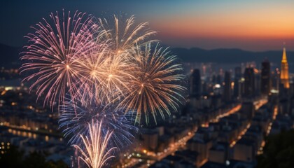 Fireworks reflecting on a river at night during a celebration in the city with colorful lights and a festive atmosphere, 2025