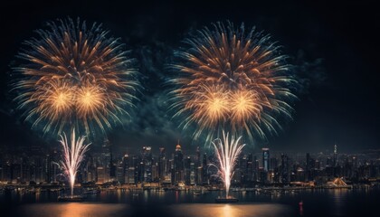 Fireworks reflecting on a river at night during a celebration in the city with colorful lights and a festive atmosphere, 2025