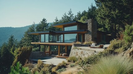 Modern hillside home with expansive windows and stone exterior, overlooking a lush forest landscape.
