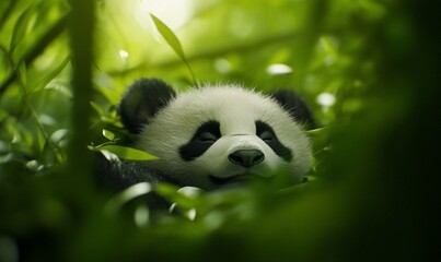 A panda relaxing among lush green foliage.