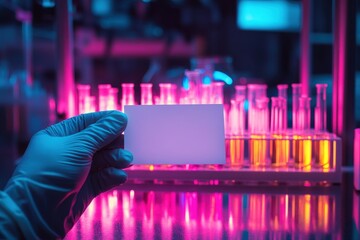 Gloved hand holds blank card in vibrant lab. Ideal for science, research, or medical concepts; easily add your text.