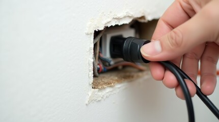 Close-Up of Hand Plugging Black Cable Into Unfinished Electrical Socket