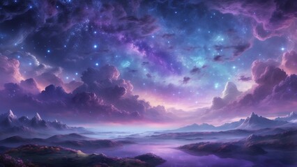 Naklejka premium A fantasy-style wallpaper with a purple and blue sky, dotted with sparkling stars and drifting clouds, evoking a magical atmosphere.