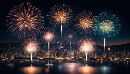 Fototapeta premium Colorful fireworks exploding in the dark night sky over a calm river during a year 2025 celebration