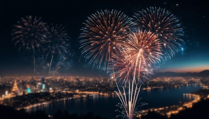 Fireworks over a river at night with colorful lights celebrating a festival