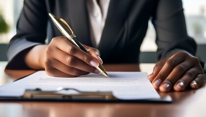 Close up of black hands of businesswoman signing agreement with ballpoint pen.