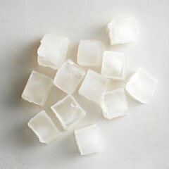 A pile of ice cubes on a white surface