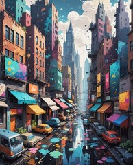 Fototapeta premium Surreal cityscape where vibrant colors blend fantasy with a touch of mystery. A breathtaking fusion of art and imagination.