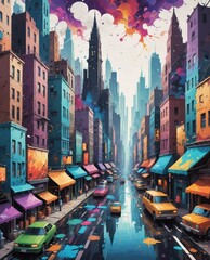 Fototapeta premium Surreal cityscape where vibrant colors blend fantasy with a touch of mystery. A breathtaking fusion of art and imagination.