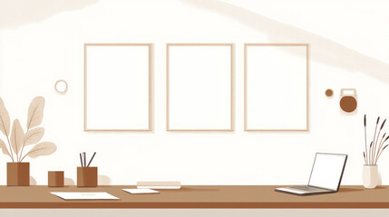 Minimalist home office workspace with blank frames.