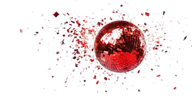 Explosion of a red disco ball, transparent background