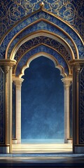 A blue archway with gold trim. The archway is open