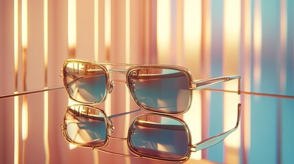 A set of fashion-forward sunglasses in metallic frames, neatly arranged on a mirrored counter