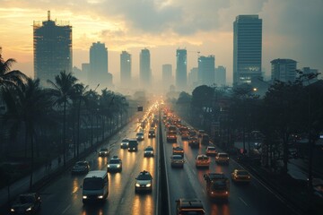 Obraz premium Air pollution in crowded city full of fog and smoke