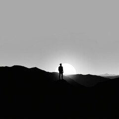 Person standing on top of mountain look at the sunrise. skyline silhouette. cityscape illustration architecture city 