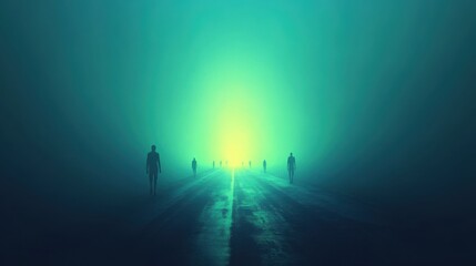 Mysterious glowing roads in dark space with wandering silhouettes atmosphere