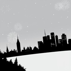 Fototapeta premium Dreamy winter cityscape silhouette with fireworks border. skyline silhouette. cityscape illustration architecture city 
