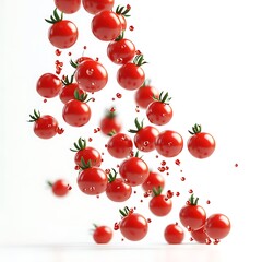 Fresh cherry tomatoes falling on white aerial food photography