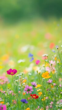 Fototapeta Soft focus spring meadow with colorful wildflowers under gentle sunlight