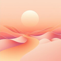 A pink and orange sunset with a large sun in the sky. The sun is in the middle of the sky and is surrounded by a few clouds