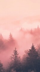 Fototapeta premium A tranquil forest scene at sunrise with mist enveloping pine trees, creating a serene and ethereal atmosphere in soft pink tones.