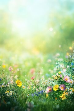 Fototapeta Soft focus spring meadow with colorful wildflowers under gentle sunlight