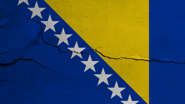 Bosnia Herzegovina flag on cracked wall background, flag with crack line