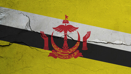 Brunei flag on cracked wall background, flag with crack line