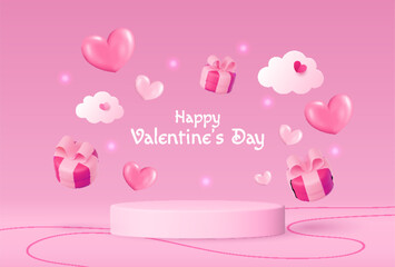 Celebrate Valentine’s Day with a charming podium design adorned with heart shapes. Perfect for showcasing products, cosmetics, advertisements, or awards on a soft pink background. Vector illustration.