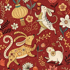 Obraz premium Year of the Zodiac: Playful Chinese Animal Pattern