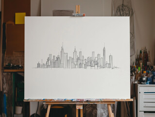 drawing on canvas of a city scape, on white background