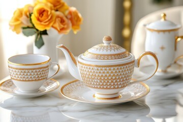 Elegant Tea Set with Golden Accents on Marble Table Surrounded by Fresh Flowers, Showcasing Sophistication and Luxury in Afternoon Tea Experience