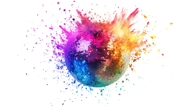 Explosion of a colorful disco ball, transparent background