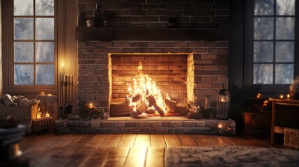 A fireplace with a fire burning in it. There are several candles around the fireplace. A rug is on the floor