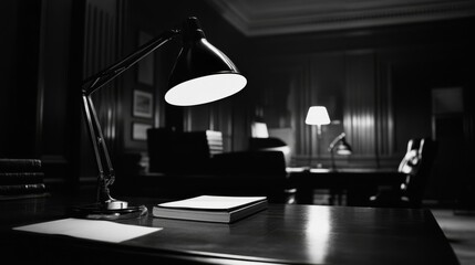 A desk with a lamp on it. A book is on the desk. There is a chair in the background
