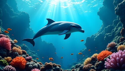 Dolphin in Deep Sea Water In Between Coral Reef.