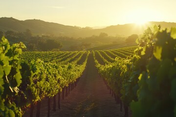 Fototapeta premium Golden hour vineyard with grapevines, ripe grapes, and sunlight filtering