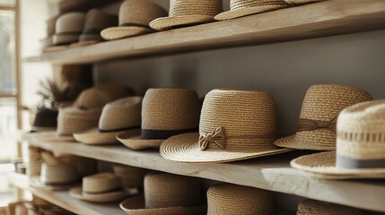 A shelf of elegant straw hats in natural tones with minimalistic ribbon accents, set in a cozy boutique