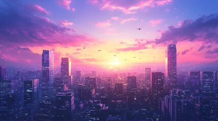 Fototapeta premium Futuristic Cityscape at Sunset with Flying Vehicles