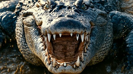 Obraz premium Close-up of a menacing crocodile with its jaws wide open, revealing sharp teeth. The reptile's textured skin and intense gaze create a dramatic and powerful image.