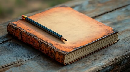 Antique Book Rests on Wooden Surface With Pencil